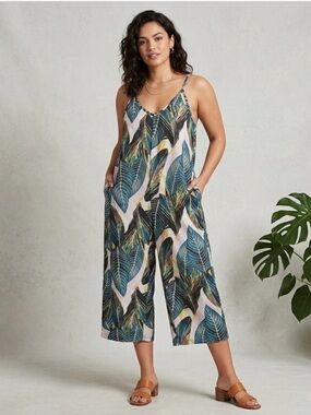 FANTASLOOK Leaf Print Cropped Jumpsuit, Women’s S, Teal Green